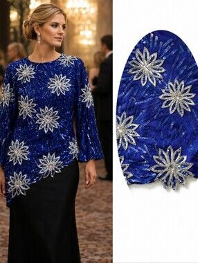Vtg Scala silk top blue silver floral sequins diagonal evening party Formal Sz M